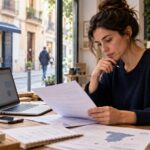 A small business owner reviews documents on AI grants in Spain beside a laptop in her shop.