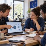 Three small business colleagues build their AI literacy on a laptop, with a European flag in the background.