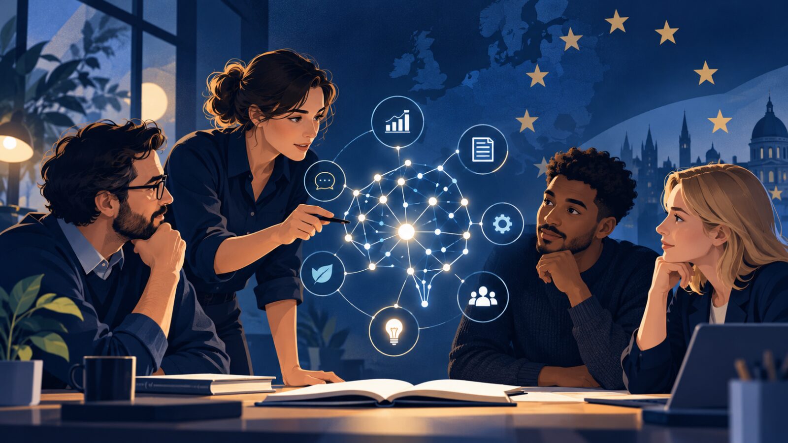 Alfabetización en IA para pymes: un equipo aprende sobre inteligencia artificial ante un diagrama, con estrellas europeas al fondo.