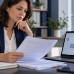 A professional checks GDPR and ChatGPT settings beside a laptop showing a chat and a privacy symbol.